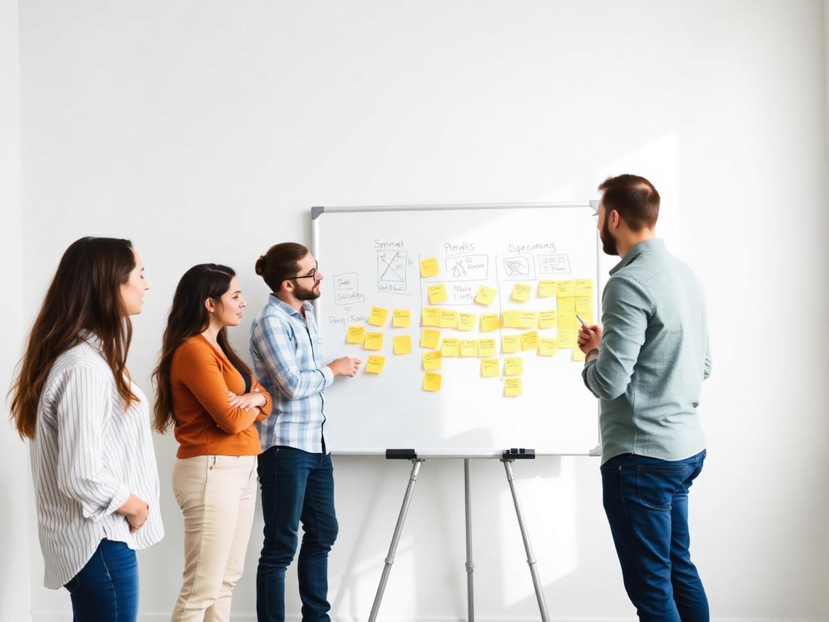 Delivery team planning a sprint on a whiteboard